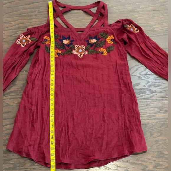 THML Violetta Cold Shoulder Embroidered Long Sleeve Dress Burgundy Size Medium - Picture 7 of 12